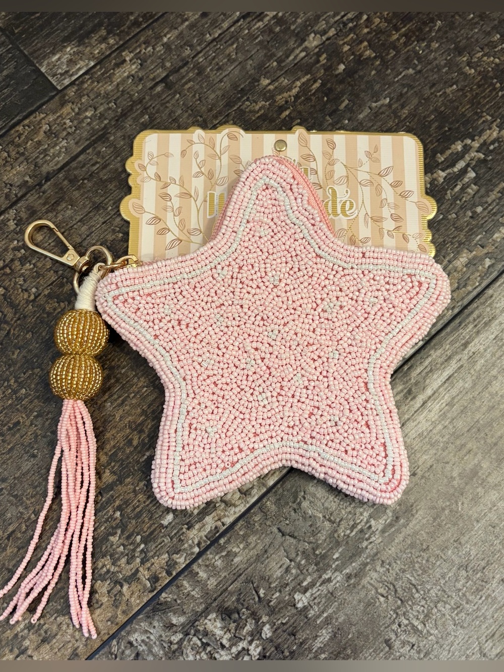 Handmade India Pink Beaded Star Keychain with Tassel